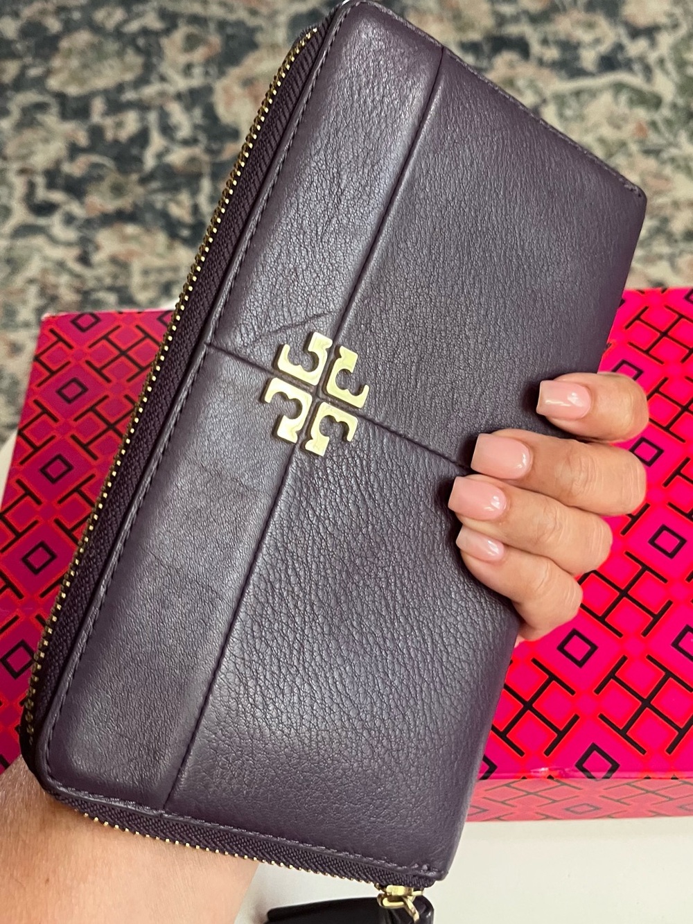 Tory Burch Plum Leather Zip Wallet